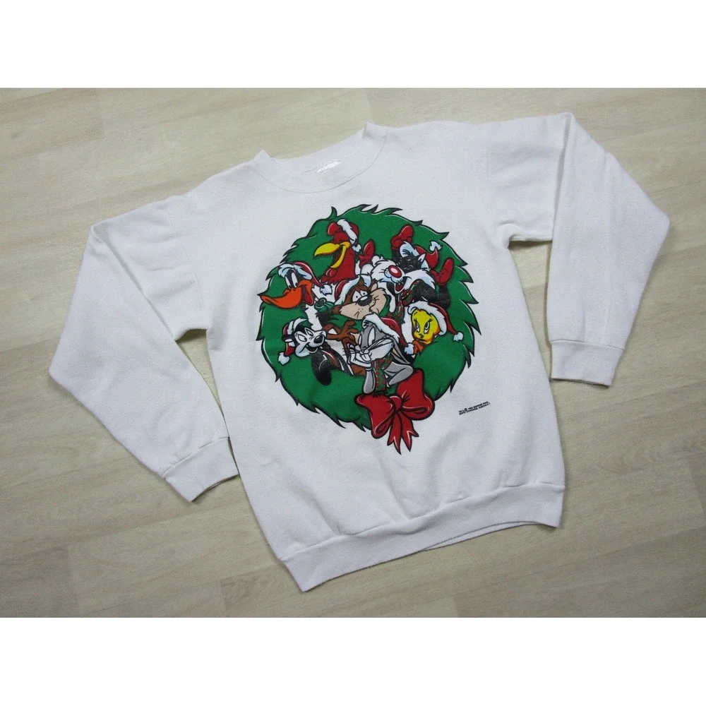 Vintage 90s Looney Tunes Sweatshirt Youth (XL) Christmas Wreath Bugs Taz 1994